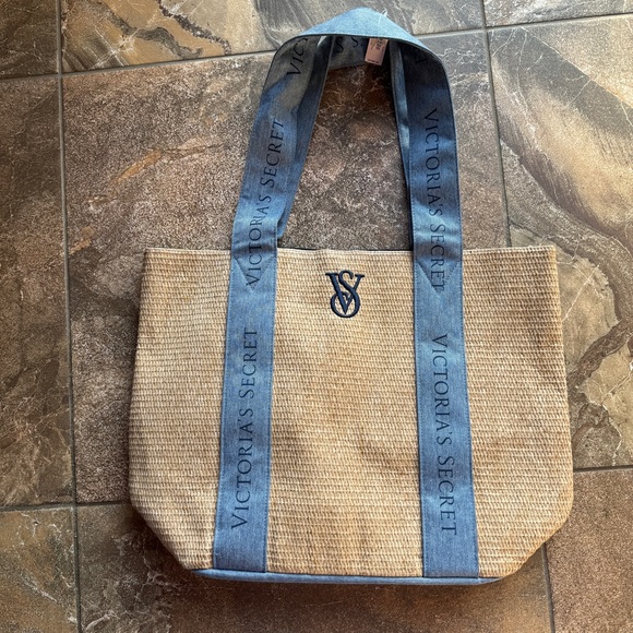 Victoria's Secret Handbags - Victoria's Secret Straw Beach Tote Bag Large Weekender Travel Logo Blue‎ Beige